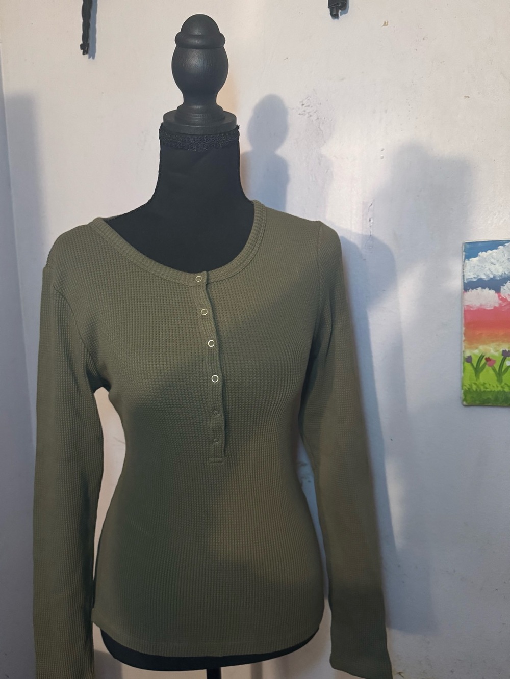 Levi's Olive Green Waffle Henley Long Sleeve Top